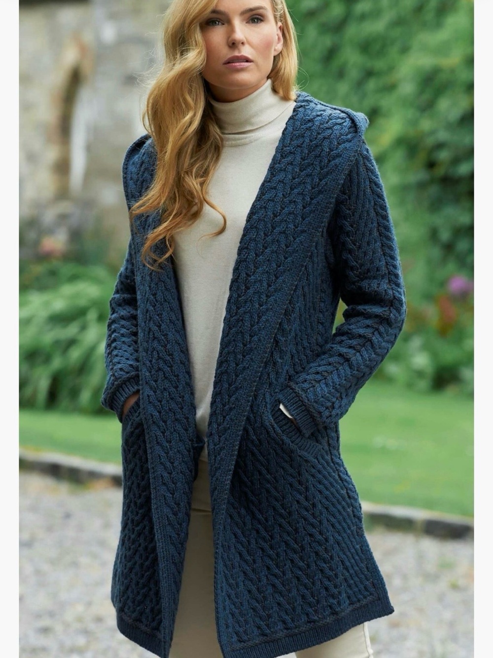 ARAN CRAFTS Open-Front Cable Knit Cardigan Sweater - DARK BLUE/BLACK